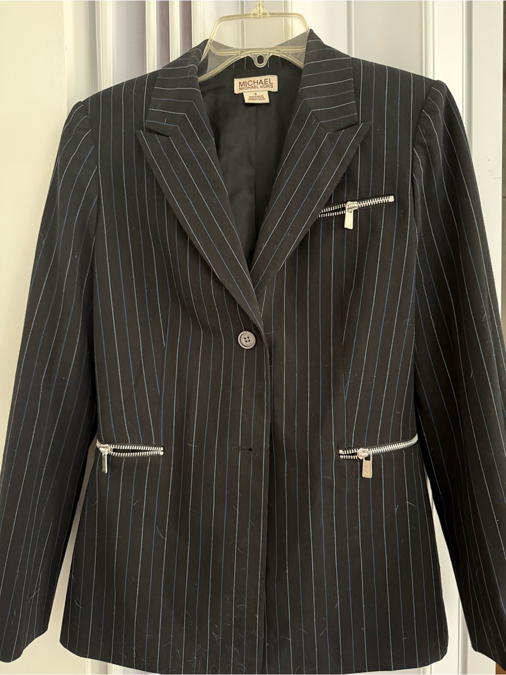 MICHAEL Michael Kors Black Blazer with Blue Pinstripes and Silver Zippers